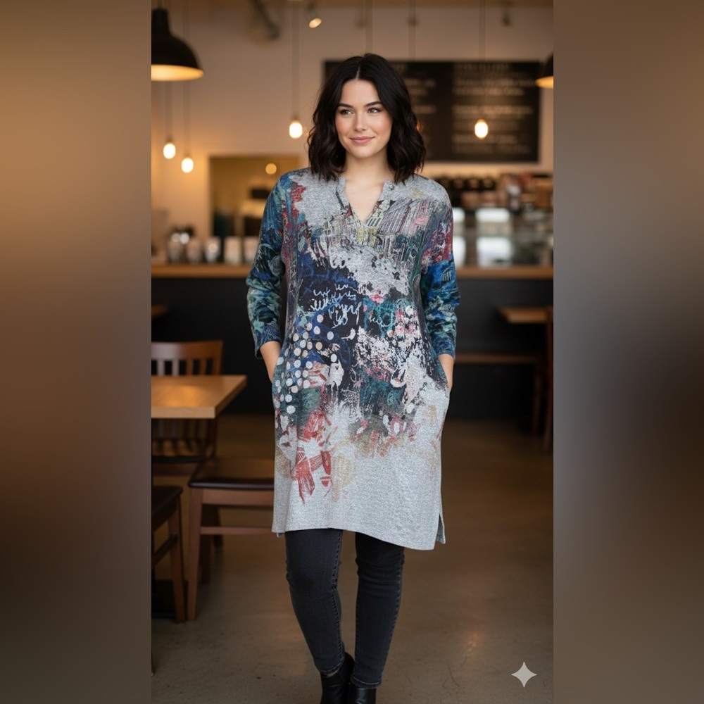 Inoah Art to Wear Cityscape Tunic Top Dress Gray Graphic PrintSize M Made in USA